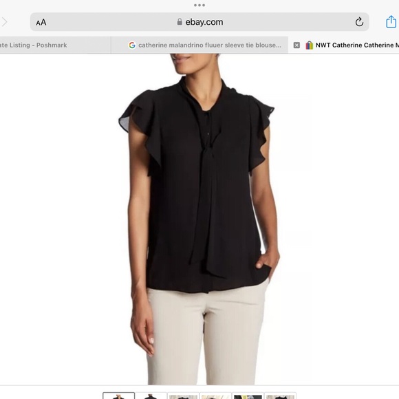 NWT Catherine Malandrino Flutter sleeve tie blouse, Size M, Black - Picture 1 of 7